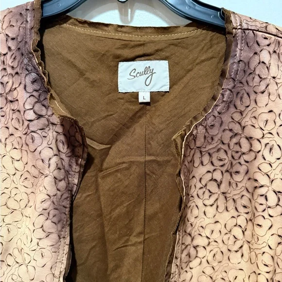 Scully Ladies Laser Cut Leather Coat Large L Tan Mid Length Fall Boho Luxury - Picture 3 of 11